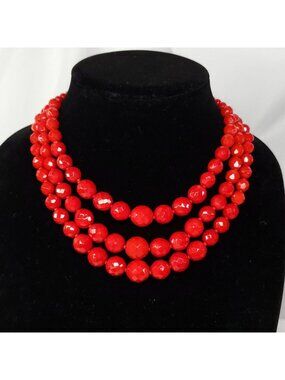 Vintage Multi-Strand Red Glass Beaded Necklace Faceted With Gold Clasp